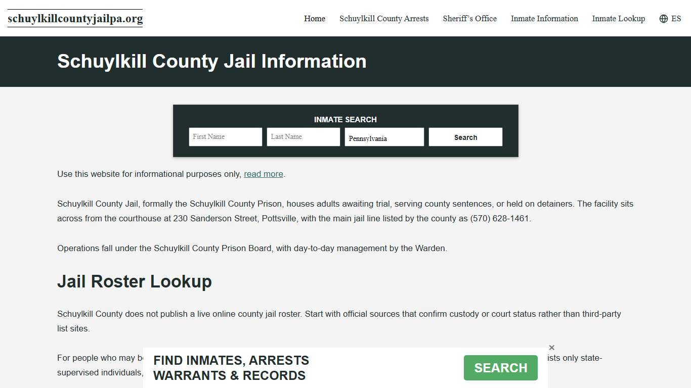 Schuylkill County, PA Jail Roster, Inmate Info
